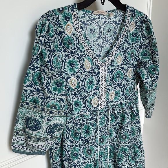 Soft Surroundings Nerissa Dress Embroidered Blue Print Tassle Dress Beach Boho - Picture 4 of 15